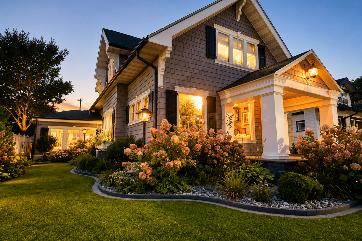 Beautiful curb appeal welcomes you home with lush landscaping, blooming gardens, and a charming covered porch. Thoughtfully maintained grounds and warm exterior lighting create a memorable first impression day or night.