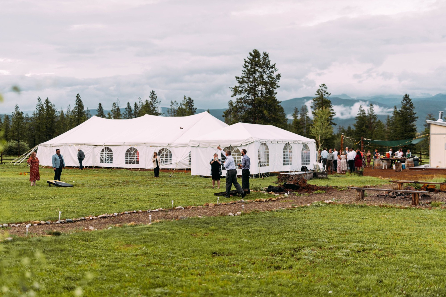 Reception tent with wedding guests on the lawn