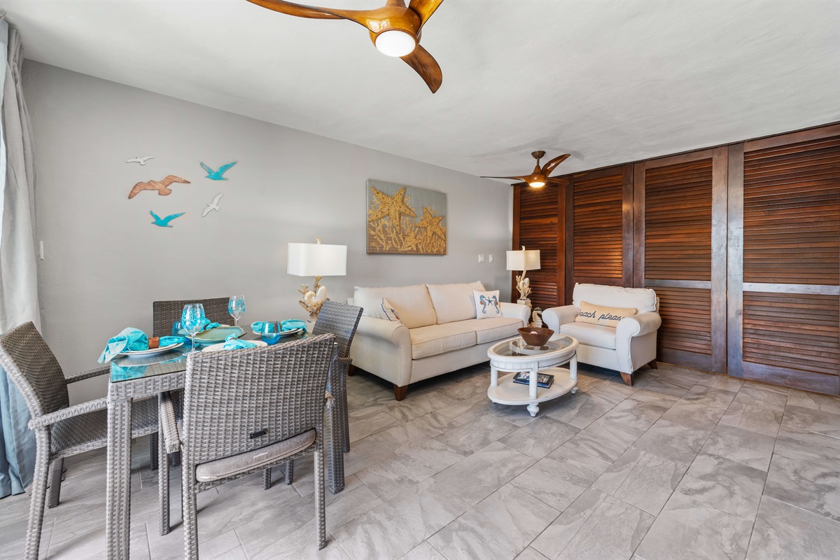 A view of the living and dining space from private terrace