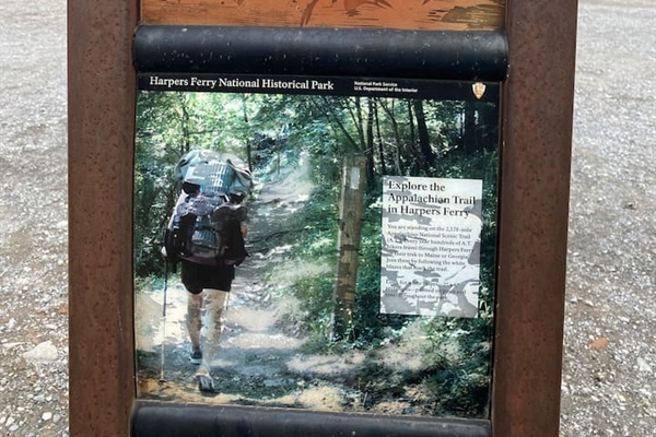 Harpers Ferry National Park sign, indicating distance to two great hikes. Weaverton has parking, Maryland Heights does not. There is a shuttle from the Manidokan camp on Harpers Ferry Road, or we can drop off or pick up for a small fee. 