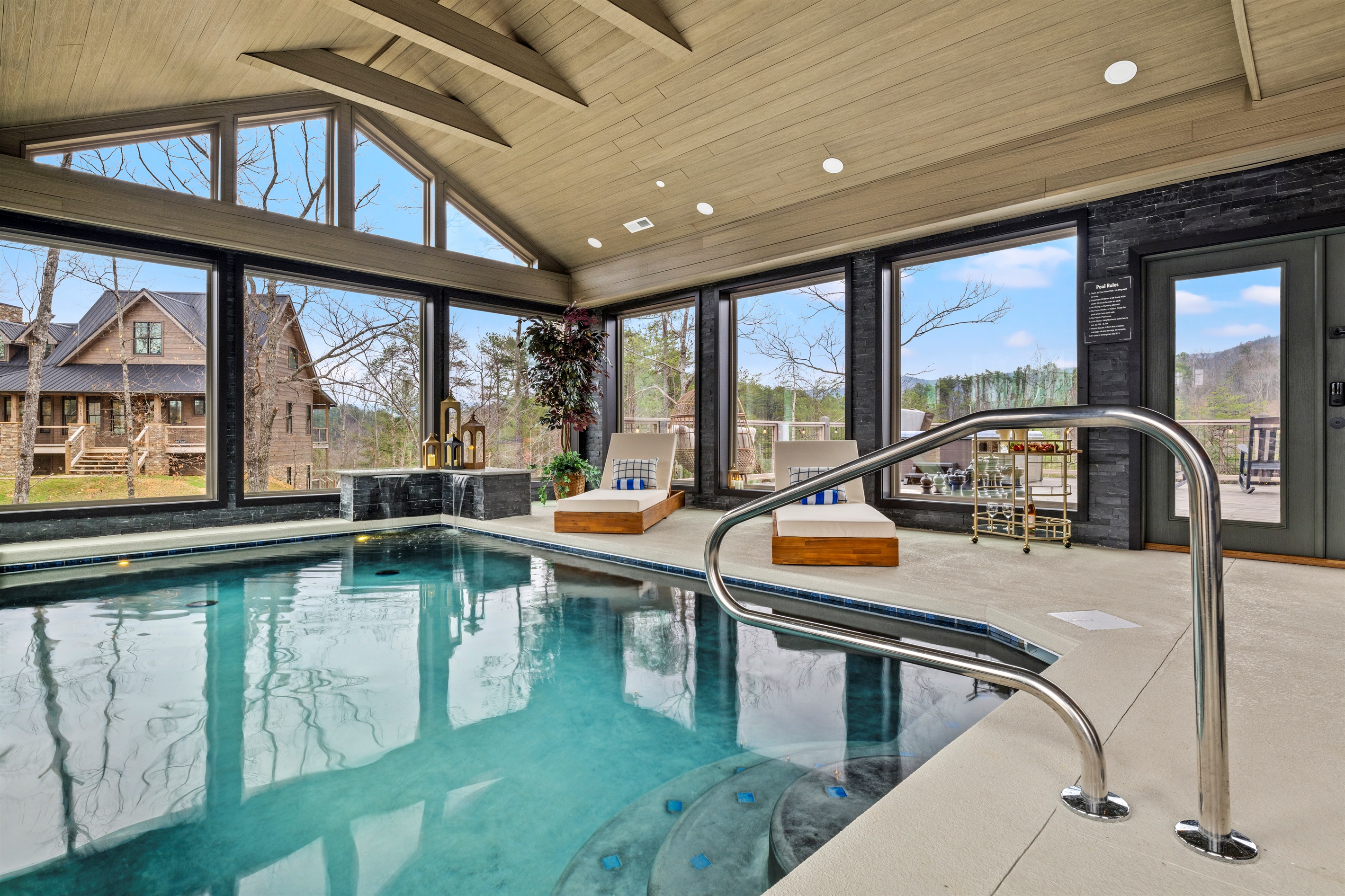 Swim, lounge, and unwind in the indoor heated pool while taking in panoramic long range Smoky Mountain views.