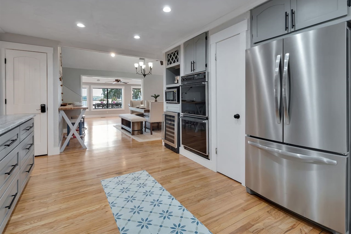 Gas range and oven, double electric oven, microwave, wine storage, icemaker