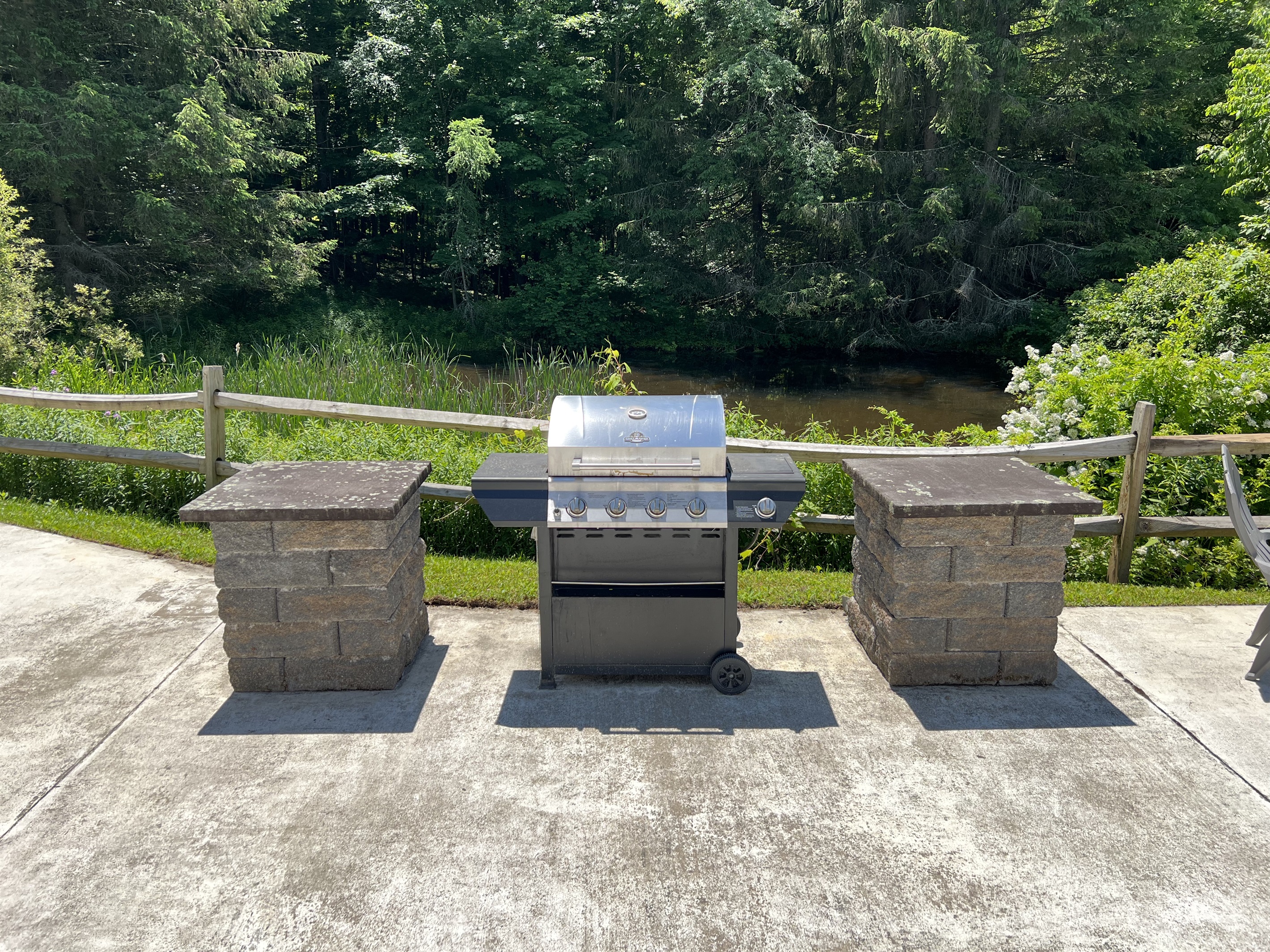Gas grill with scenic pond beyond