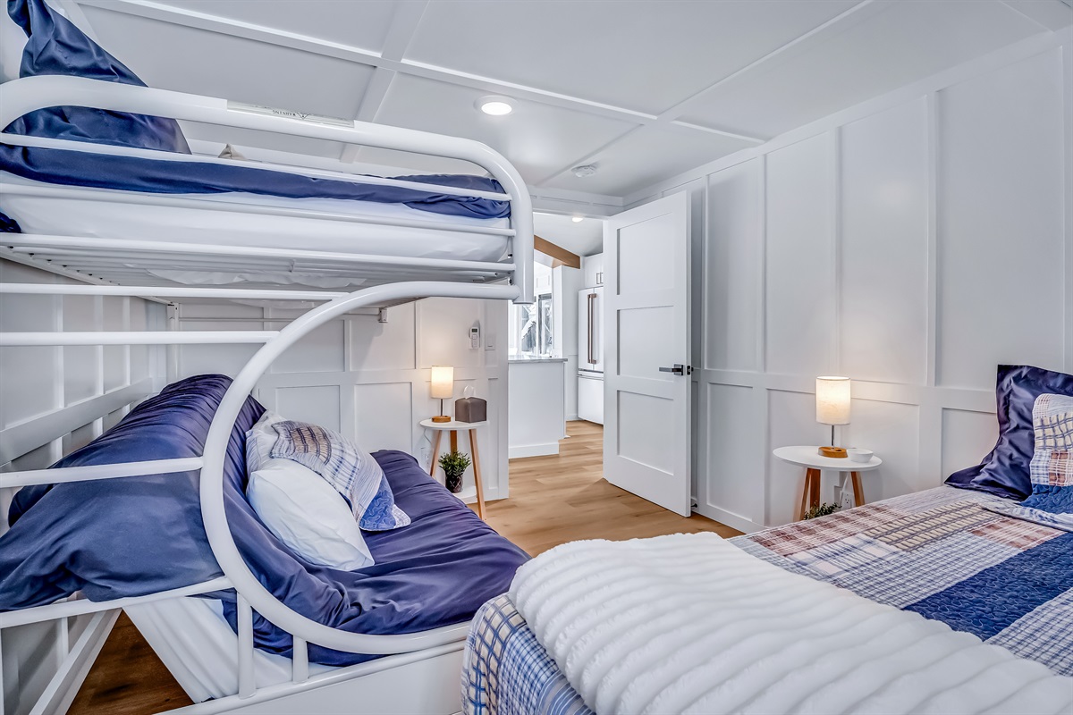 Full size bed, double futon and single bunk