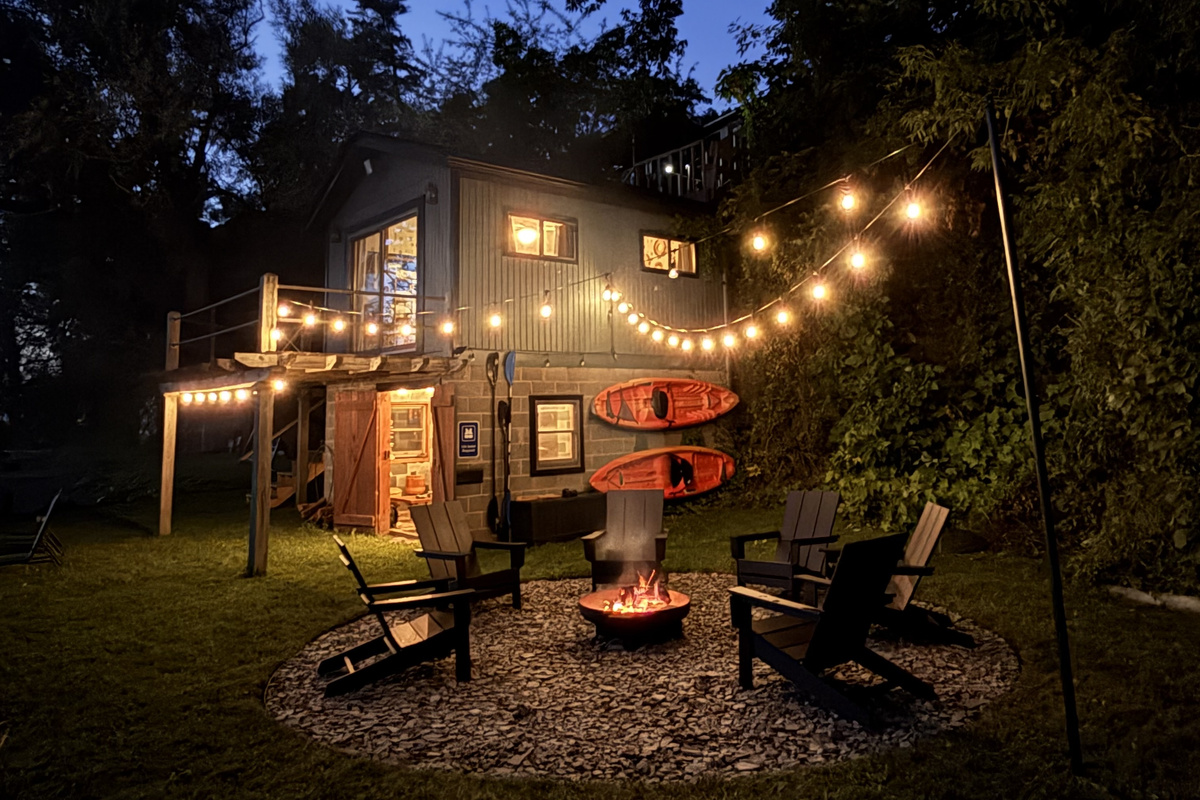 Lakeside fire pit with solar lights | Game room | Seasonal Bedroom 