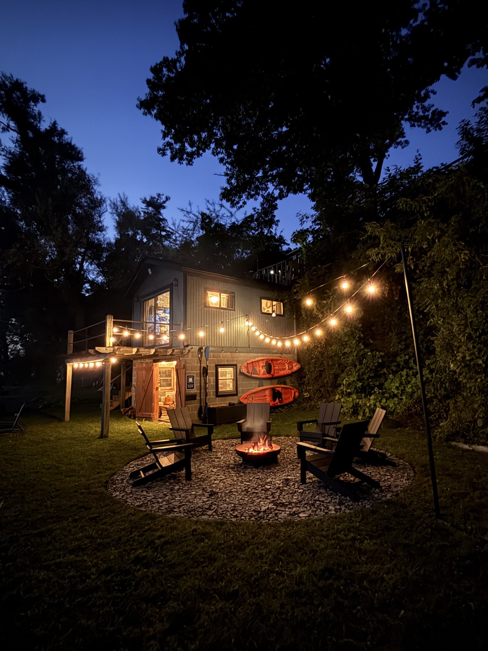 Lakeside fire pit with solar lights | Game room | Seasonal Bedroom 