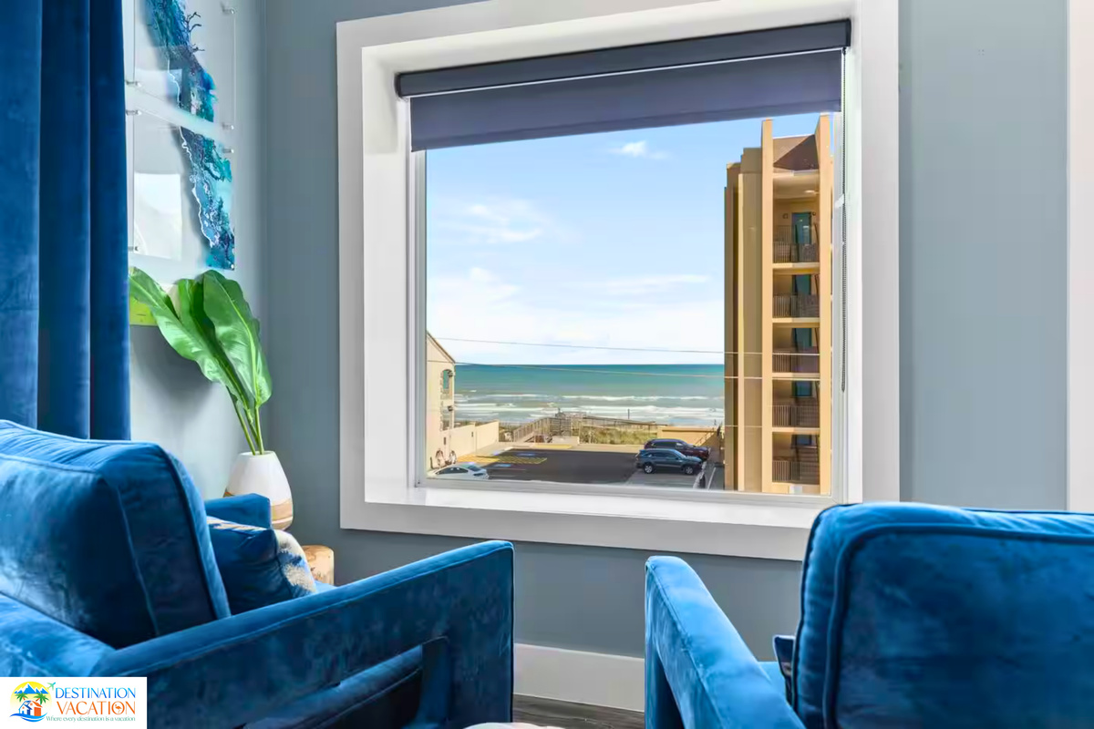 Blue accents and ocean views create instant tranquility.