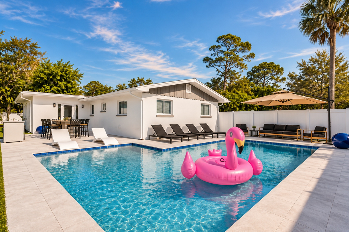 Pool w outdoor furniture - Pool Floaties Games & More