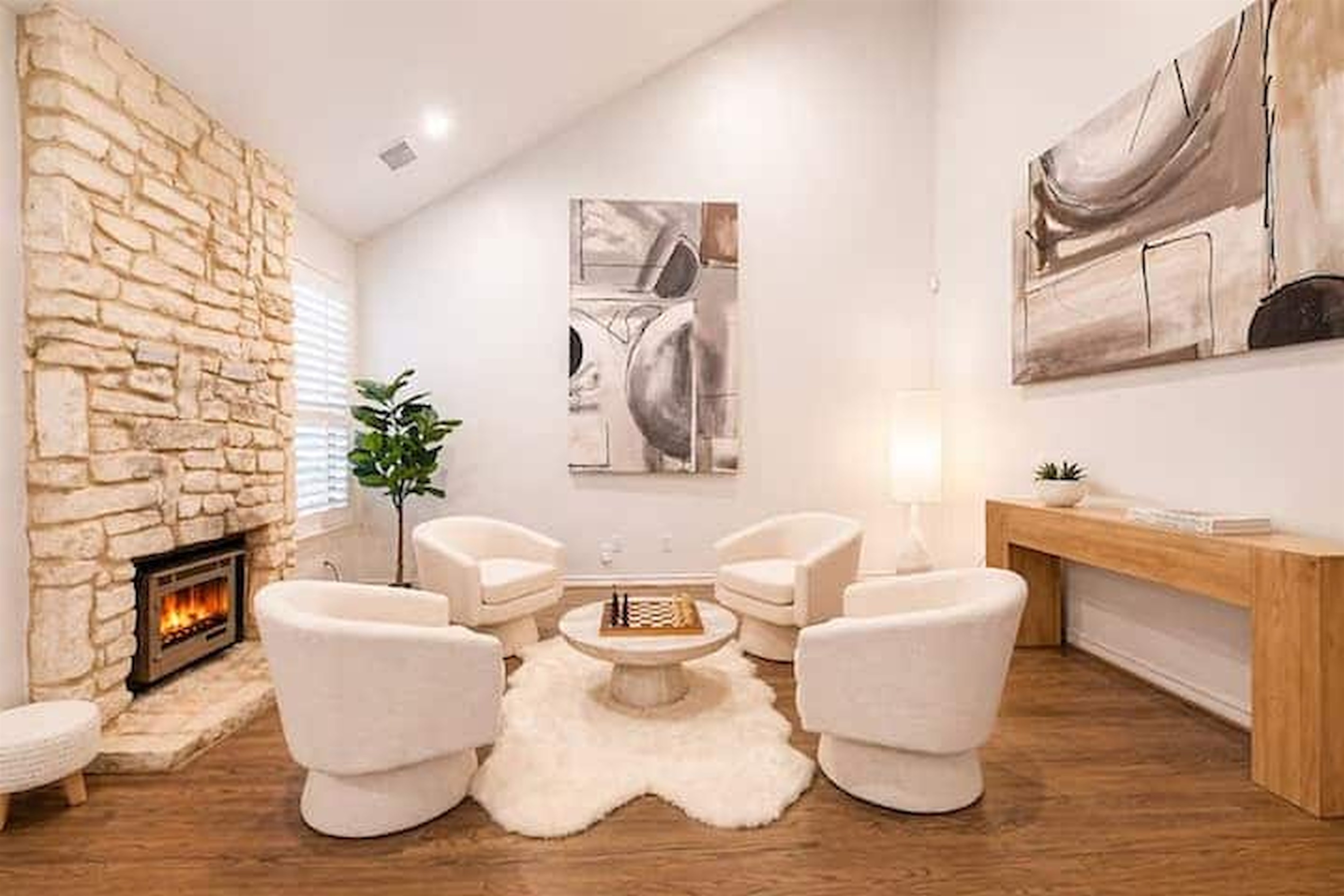 Cozy conversation space with fireplace—perfect for unwinding after a long day