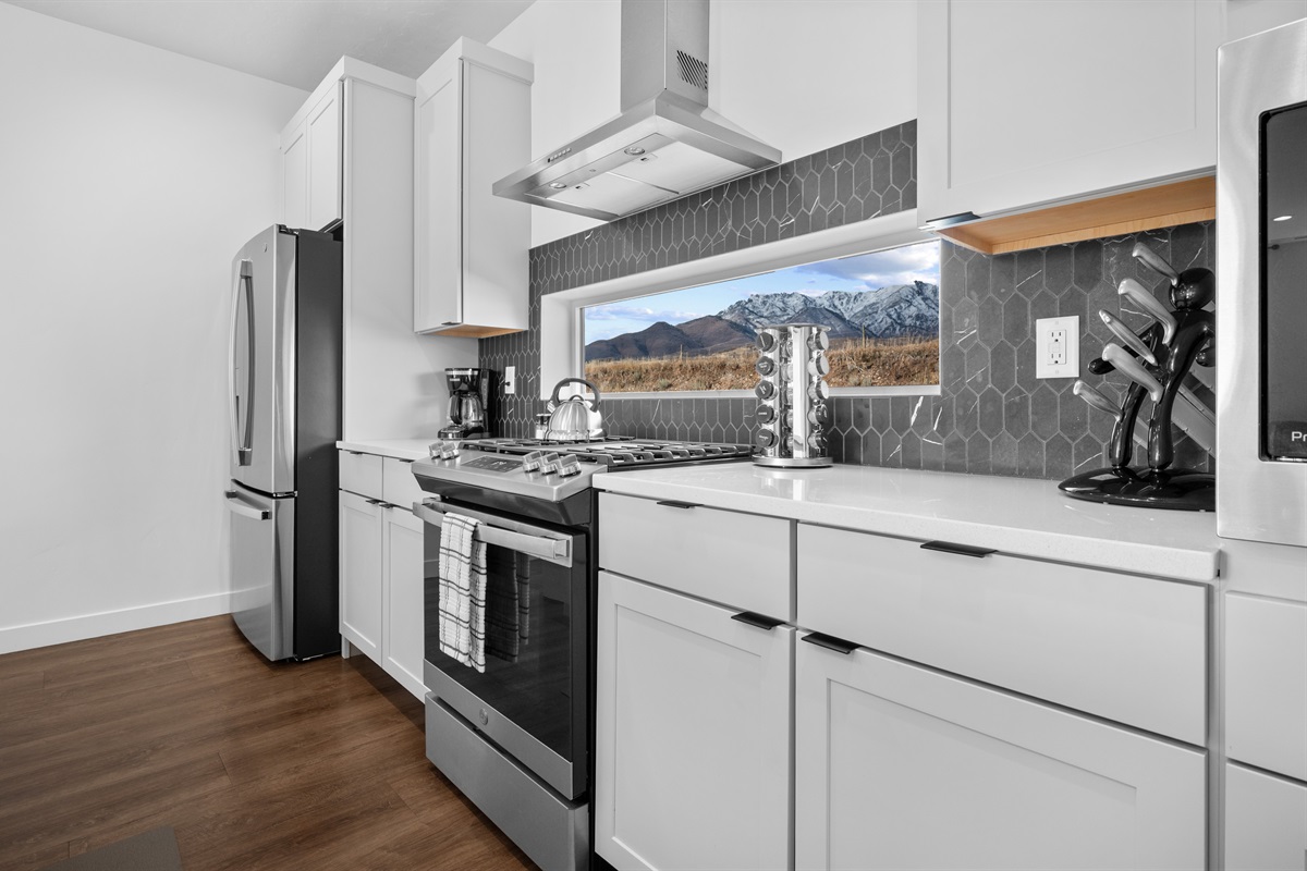 Modern kitchen featuring stainless steel appliances and mountain views.