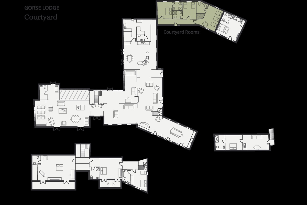 Gorse Lodge Couryard features the rooms marked in green on the flooplan.