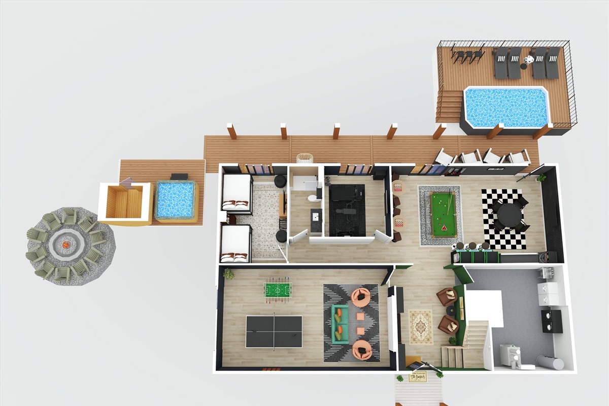 {Lower Level}
Thoughtfully designed lower level featuring the game room, theater, spa amenities, and multiple sleeping areas — built for connection and flow.