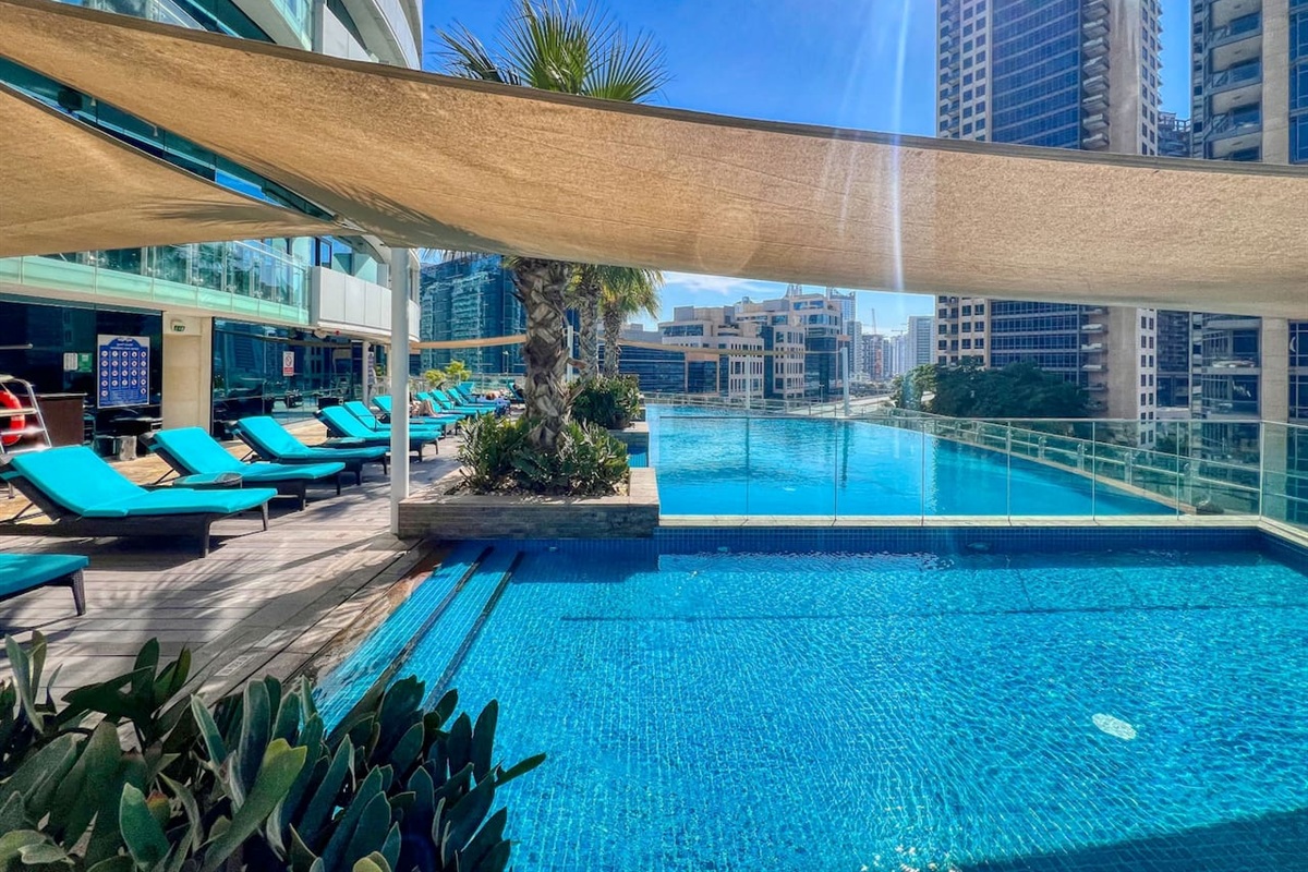 Swimming pool with full Burj Khalifa view