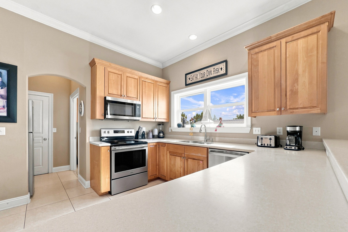 Bright kitchen open to the main living and dining area