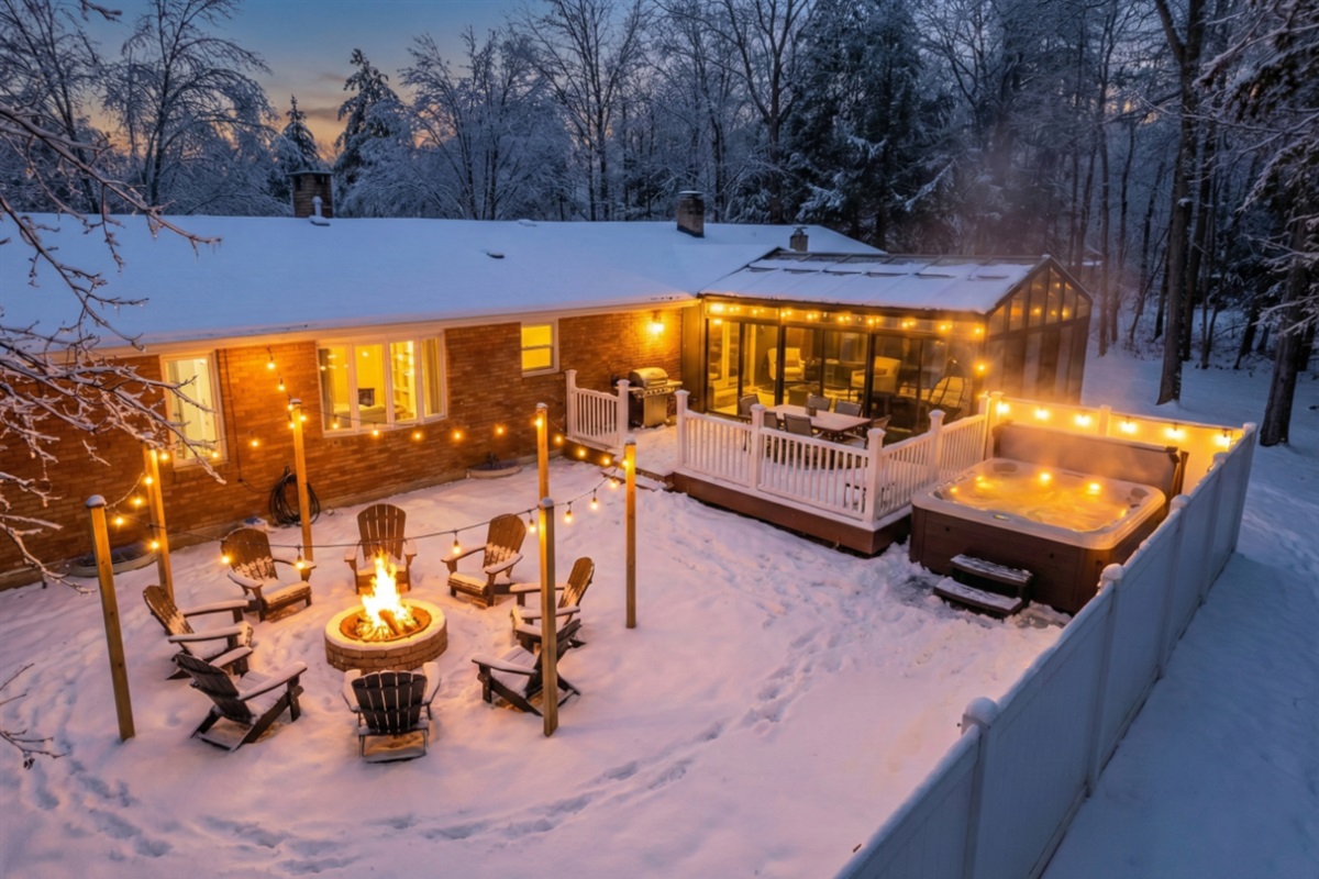 Backyard at night in snow w/firepit