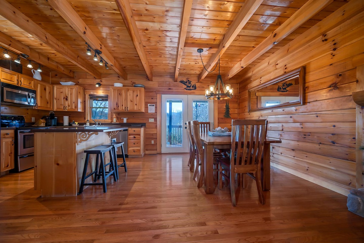 Modern and updated kitchen with dining area.