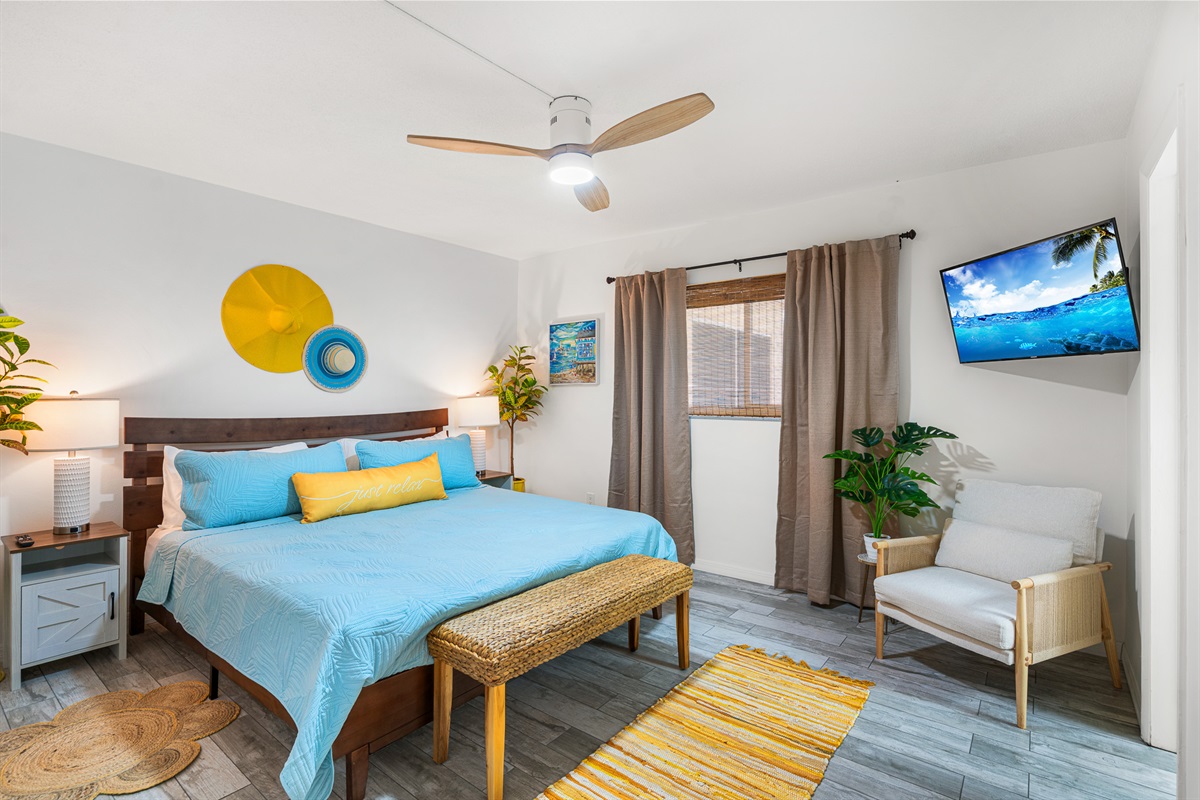 Bedroom 1 offers a king bed and smart TV.