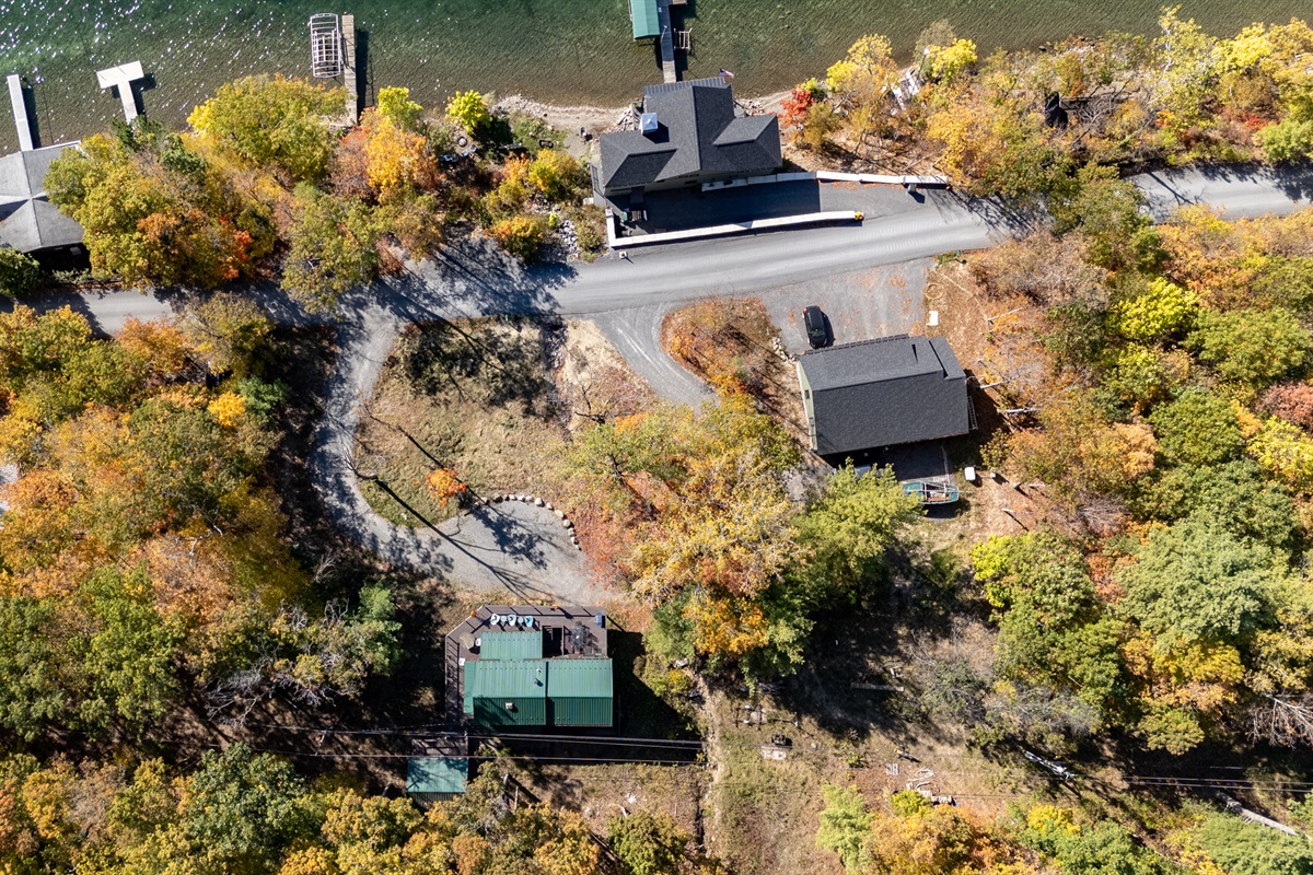 Aerial view of your private hillside retreat above Keuka Lake — nature & water in one