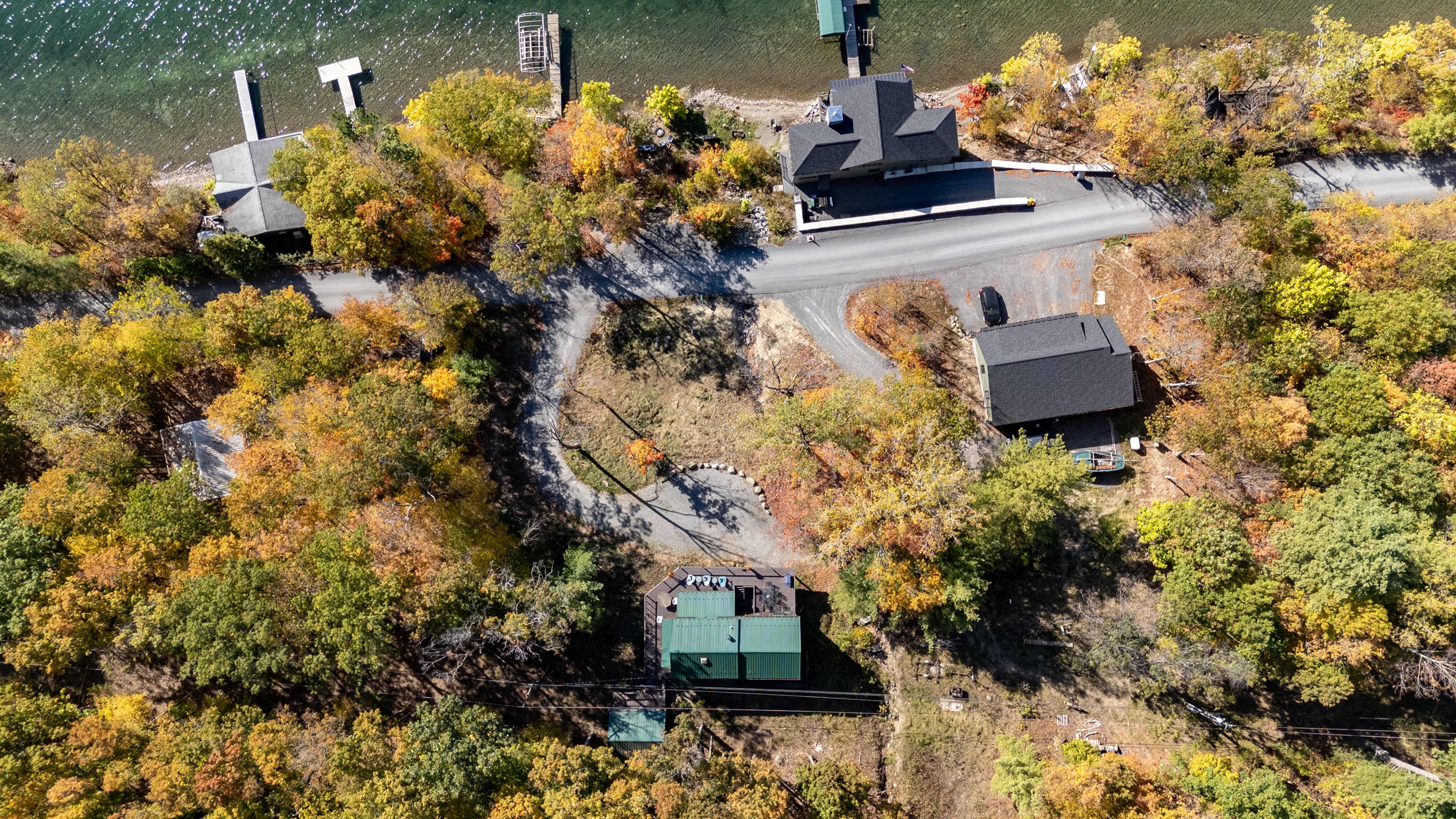 Aerial view of your private hillside retreat above Keuka Lake — nature & water in one