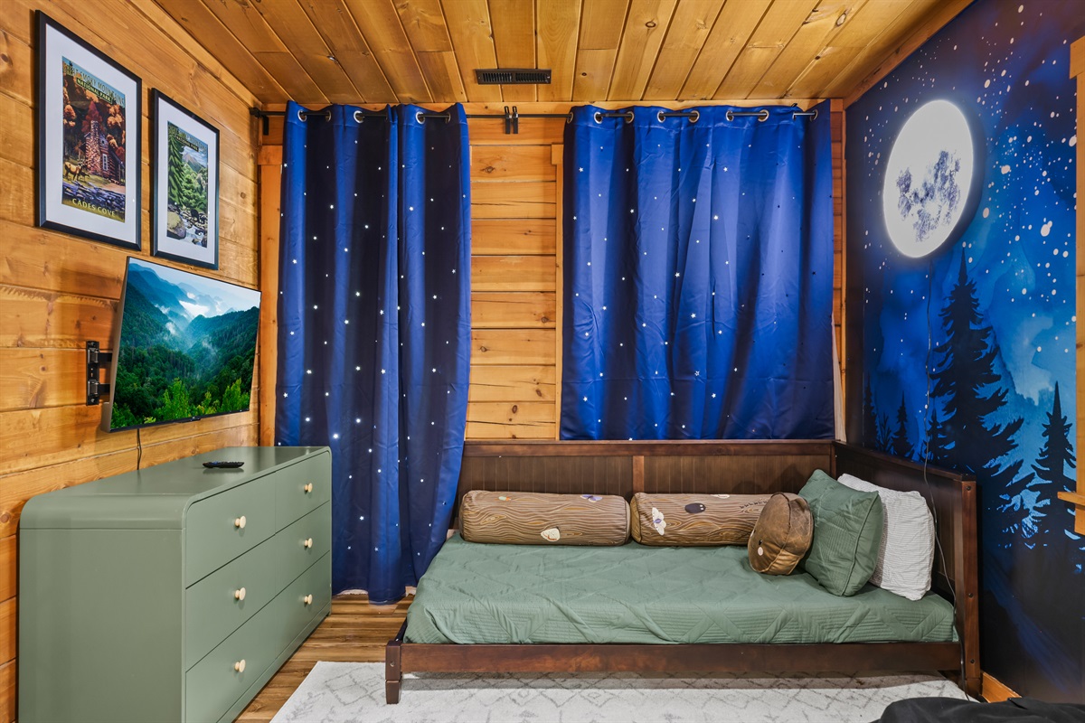 Blackout starry curtains in the bunk room