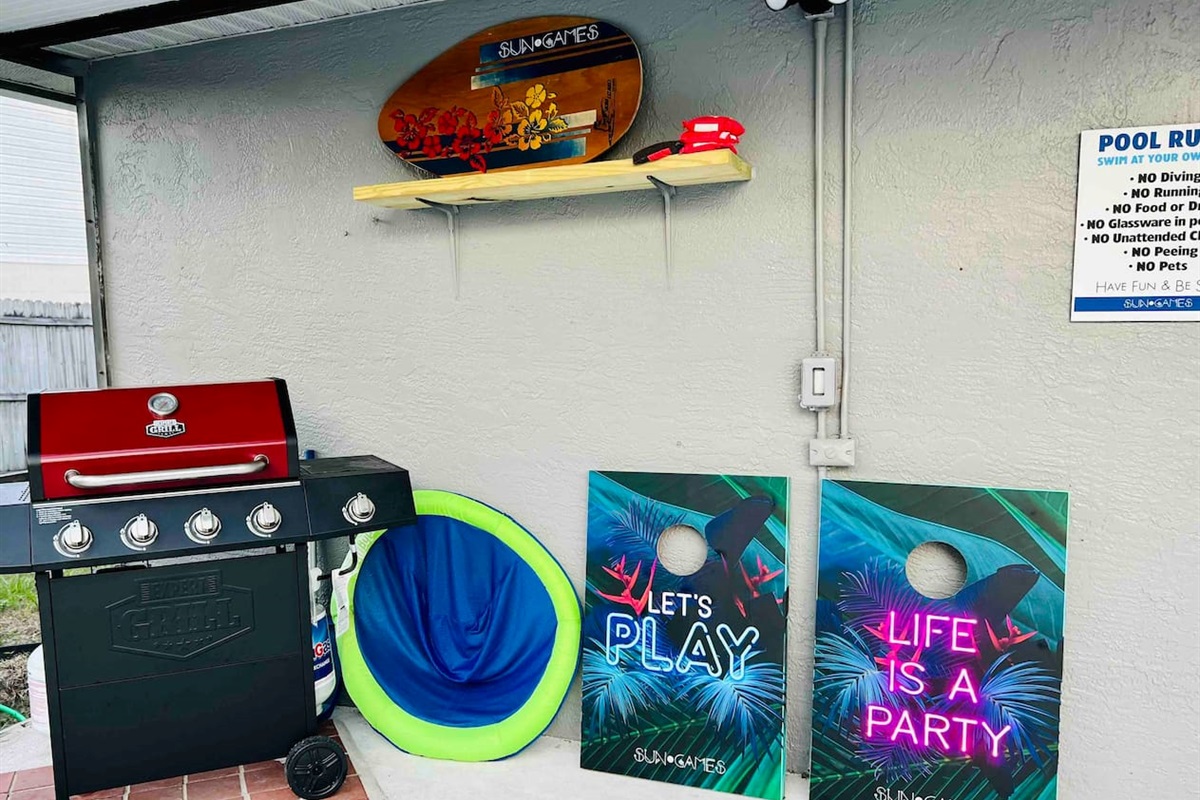 Grill available for you to use. 
Several floats at the house are always present.
Cornhole boards set for you to play.