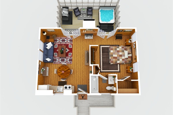 3D Floorplan — See the cozy layout of Deer Ridge Cabin, complete with a king bedroom, open living area, and private screened porch with hot tub.
