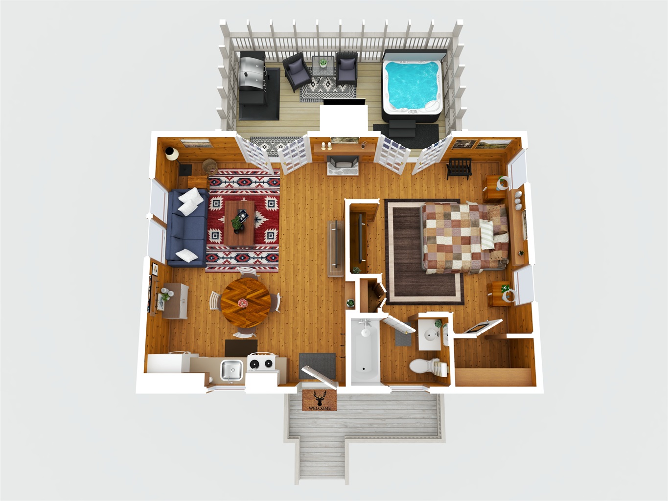 3D Floorplan — See the cozy layout of Deer Ridge Cabin, complete with a king bedroom, open living area, and private screened porch with hot tub.