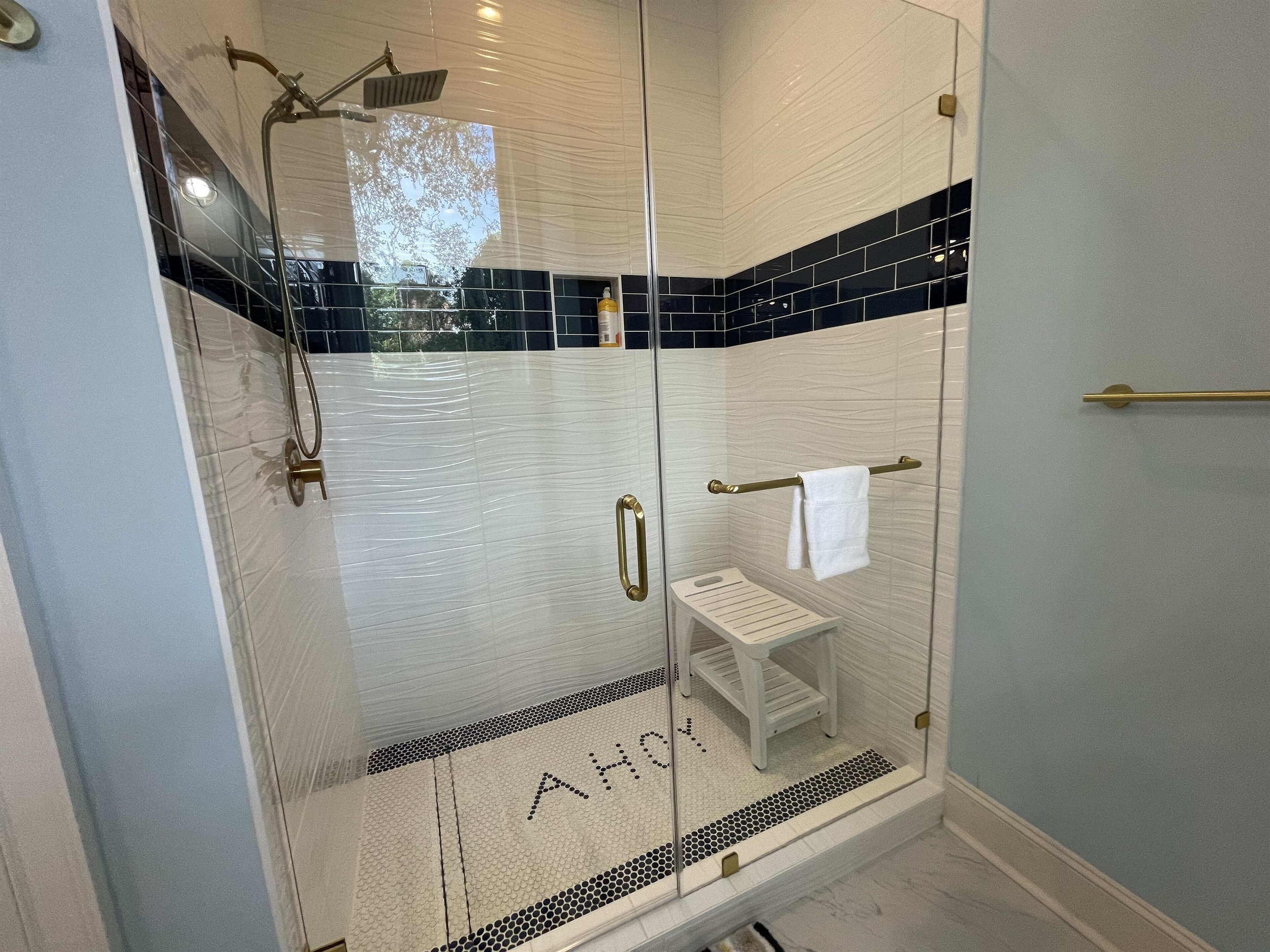 New shower in Anchors Down bunk room ensuite bath.  Ahoy Mate!