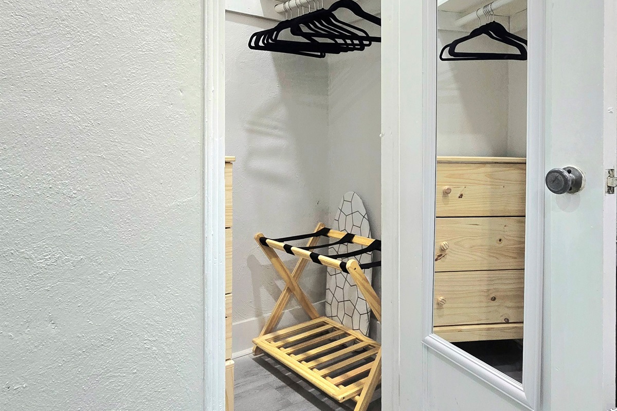 Room 2 - Closet - Safe, Luggage Rack, Ironing Board, & Hangers