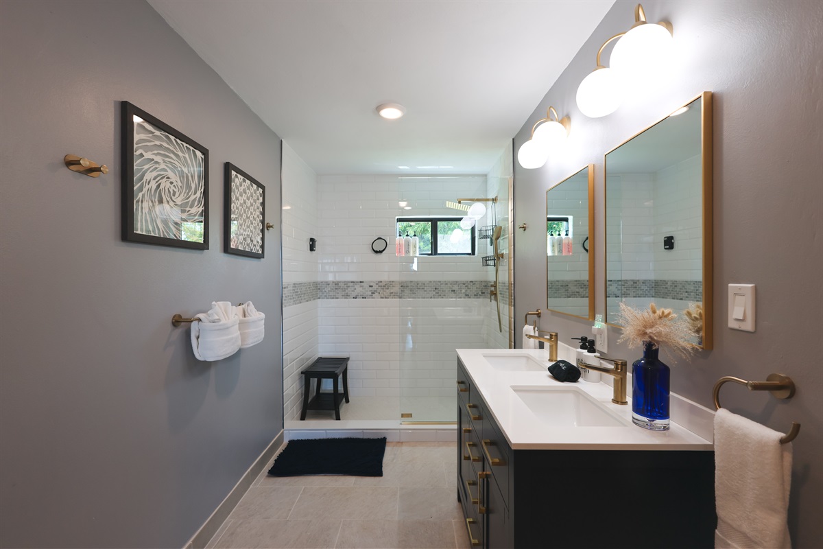 The primary bathroom is spacious and includes a walk-in closet.