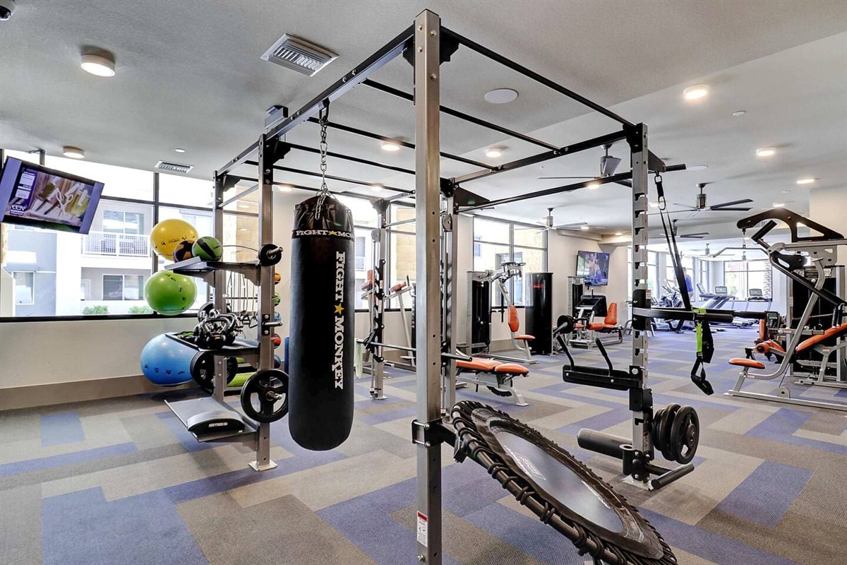 - Train in a fully equipped gym with strength cages, boxing bag, and weights   - Perfect for cardio, toning, and full-body workouts anytime of day   - Modern fitness setup designed for guests who enjoy active living spaces