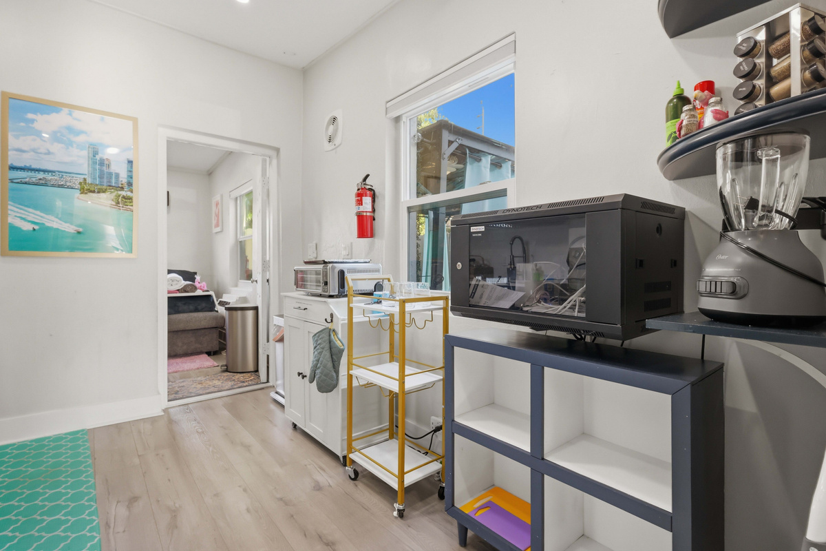 Blender, Rice Cooker, Air Fryer, Wine Cart with Wine Glasses, Storage Space, Fire Extinguisher Utensils