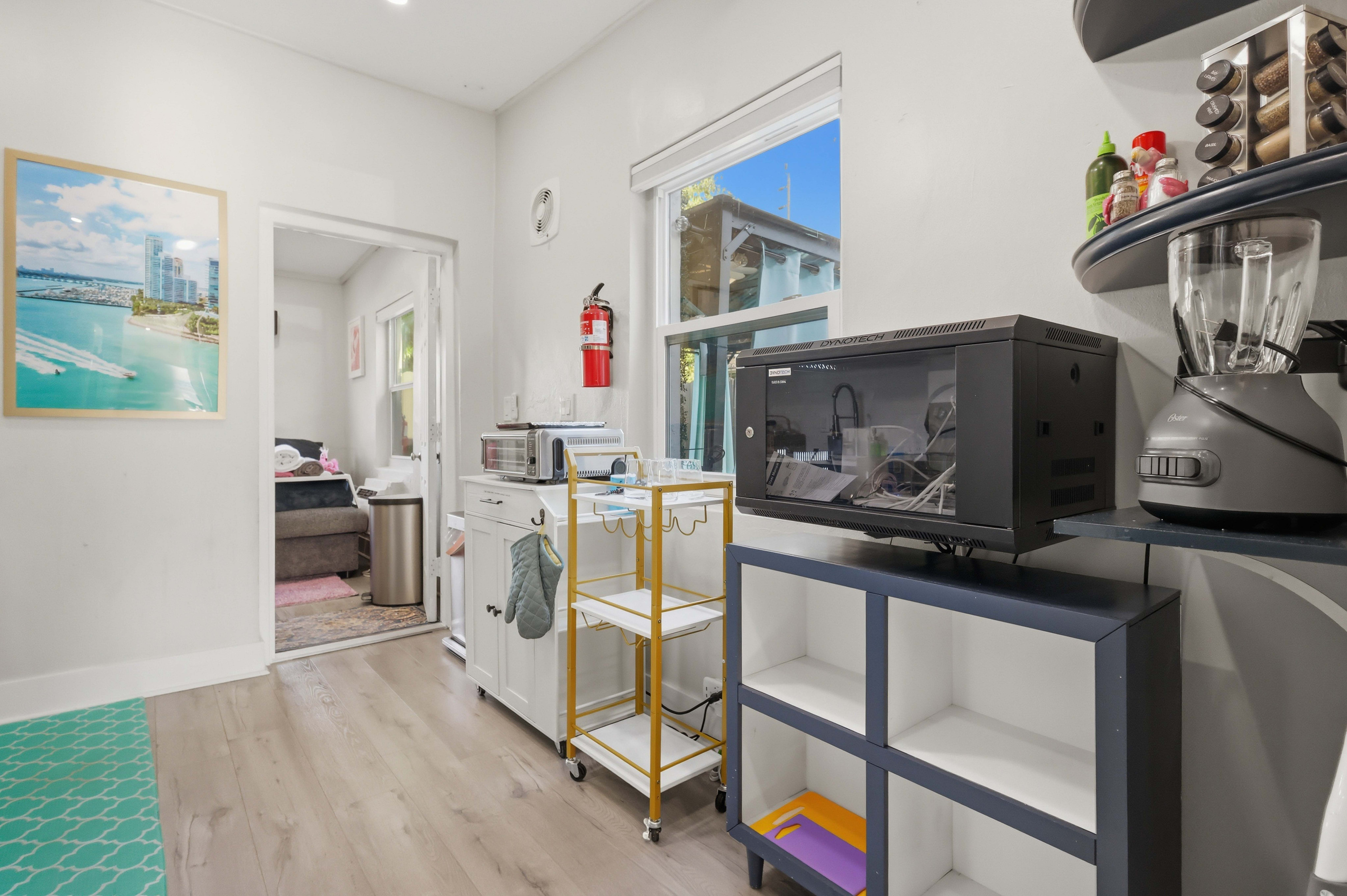 Blender, Rice Cooker, Air Fryer, Wine Cart with Wine Glasses, Storage Space, Fire Extinguisher Utensils
