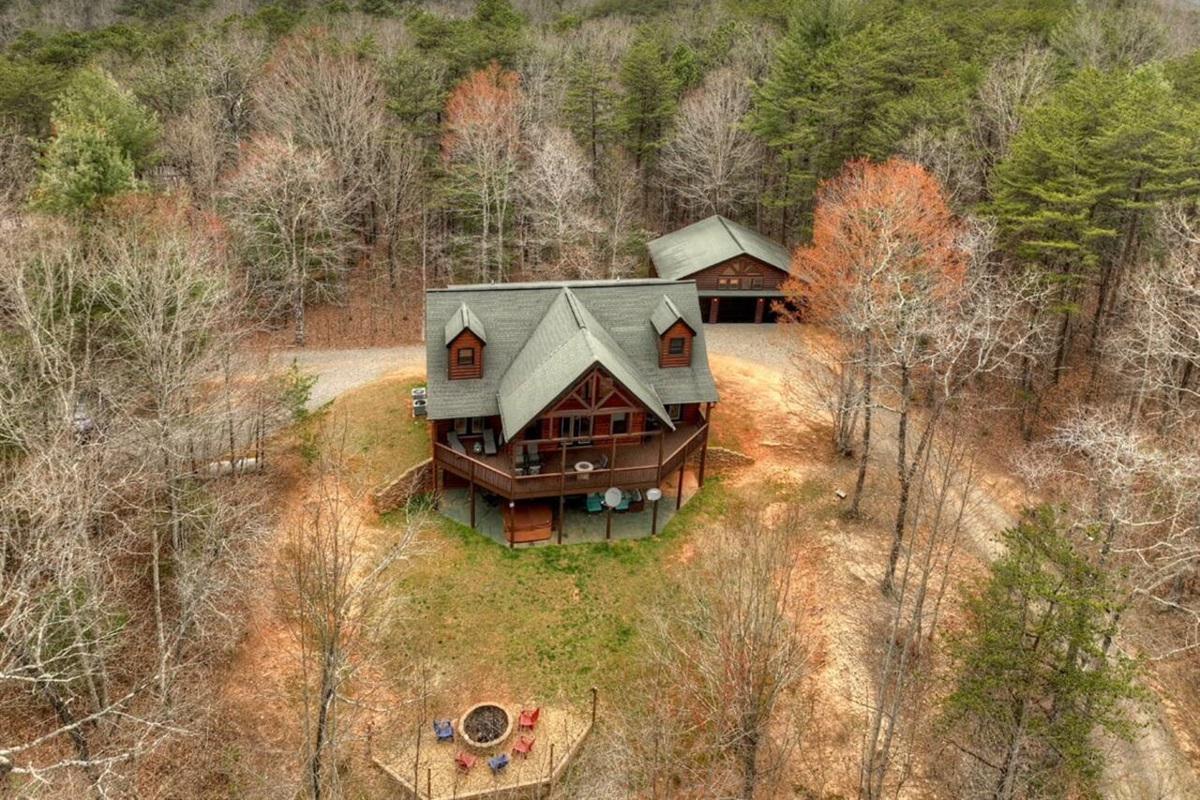 Experience stunning aerial views of the cabin with a drone capture.
