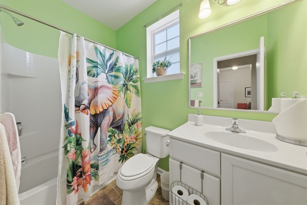 Bright bathroom with plenty of storage.