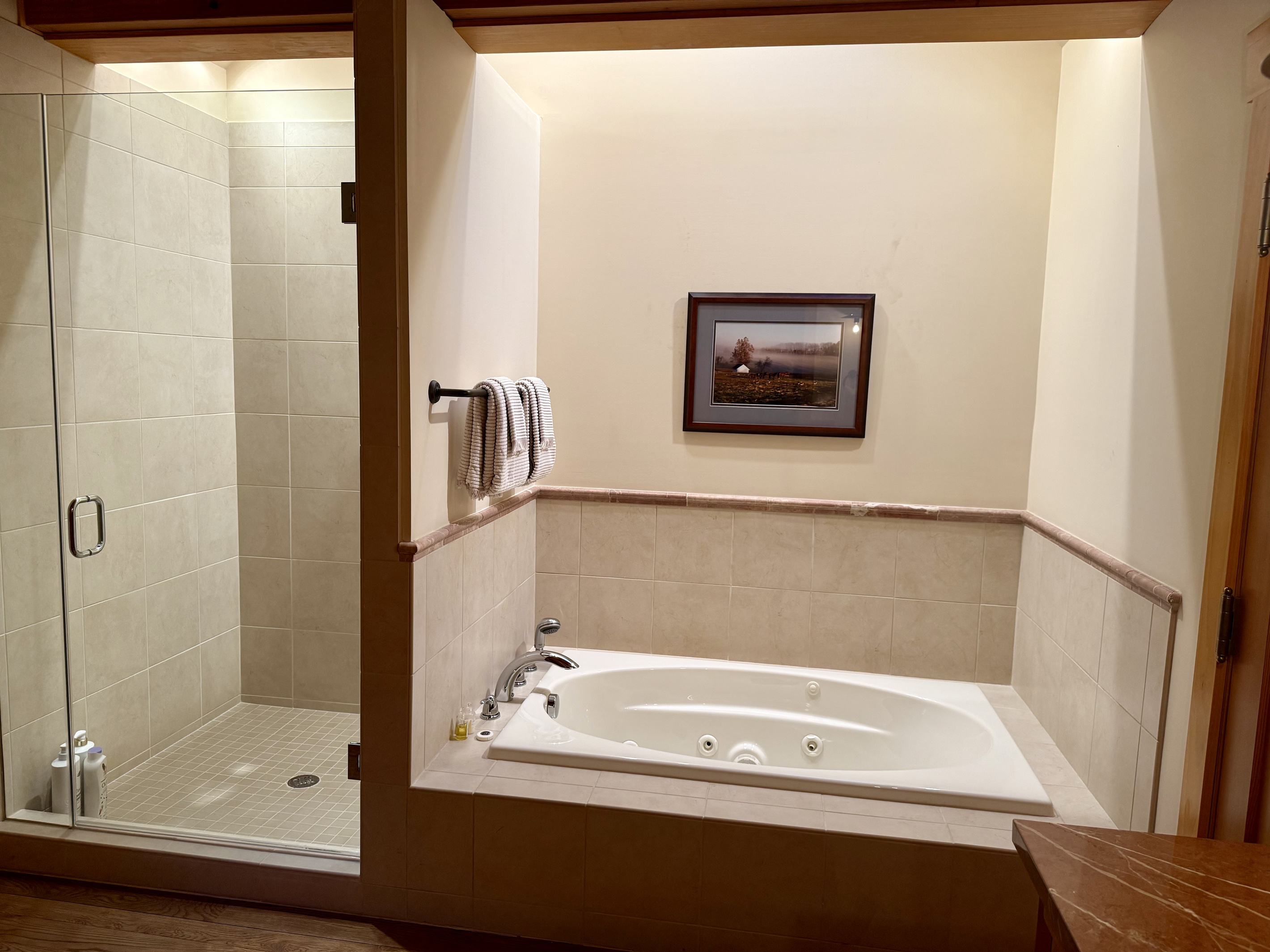 The carriage house includes its own private bathroom, separate from the main house, with a soaking tub and a large walk-in shower for added comfort.