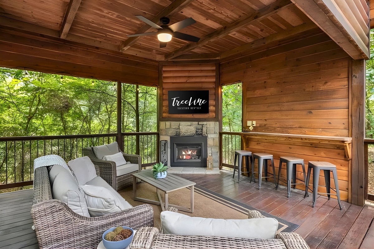 Evenings are best spent gathered around the outdoor fireplace.