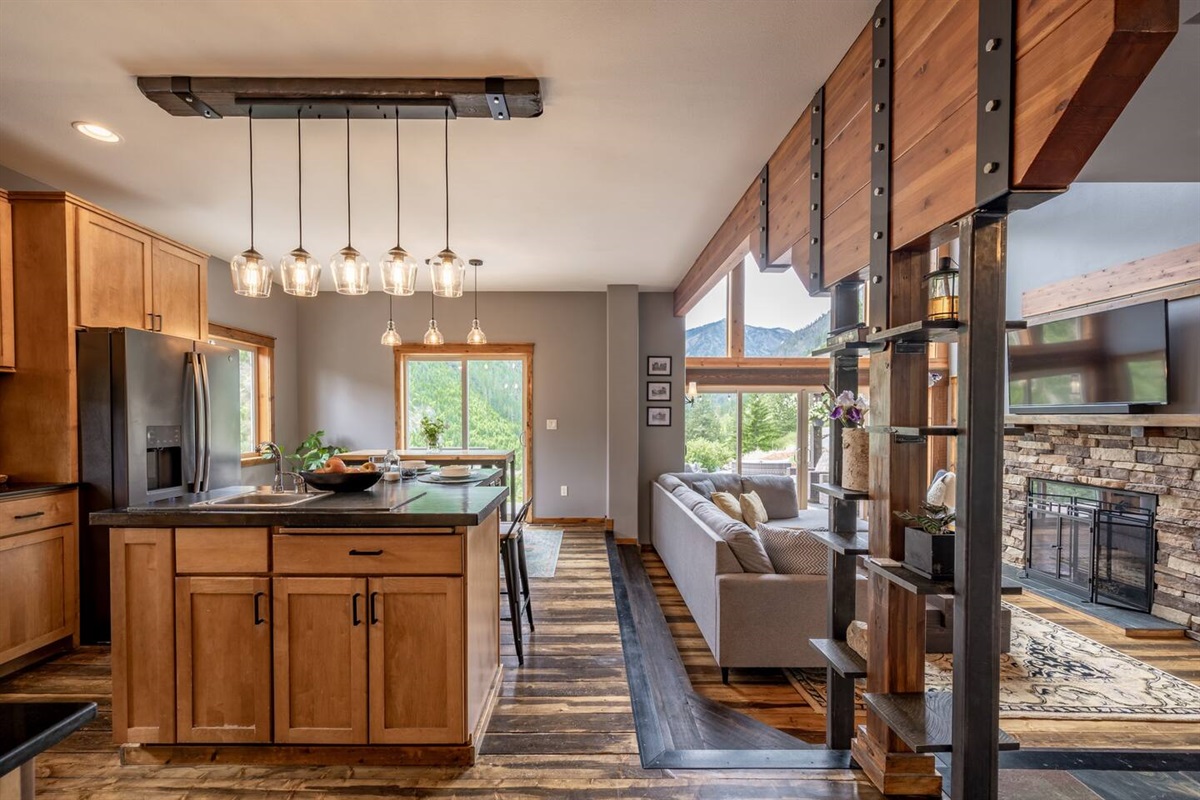 Kitchen island and mountain views