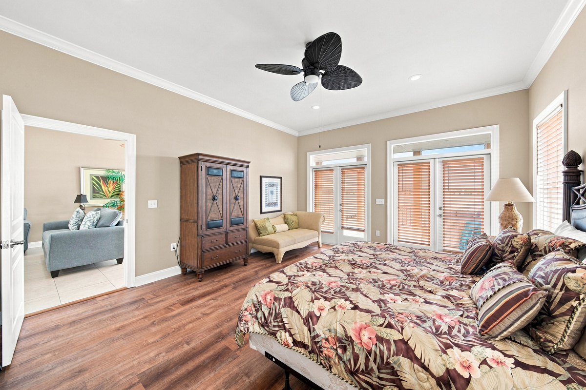 Comfortable bedroom with soft, cozy bedding