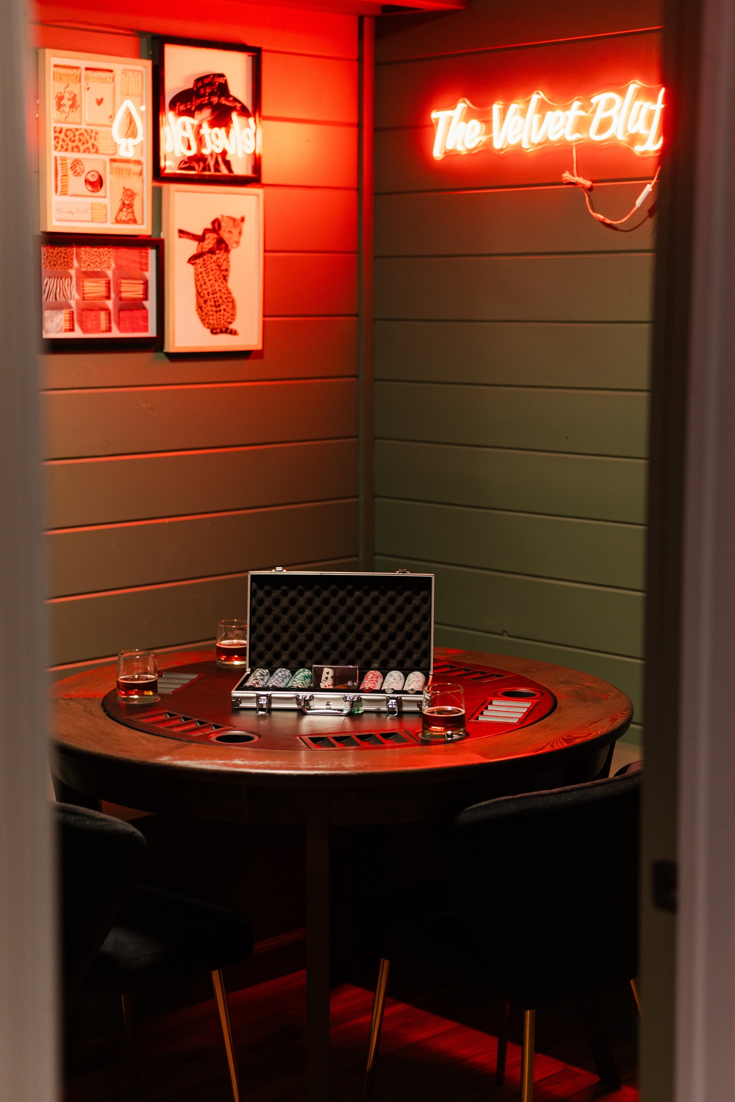 This neon-lit corner adds a unique touch to the home.