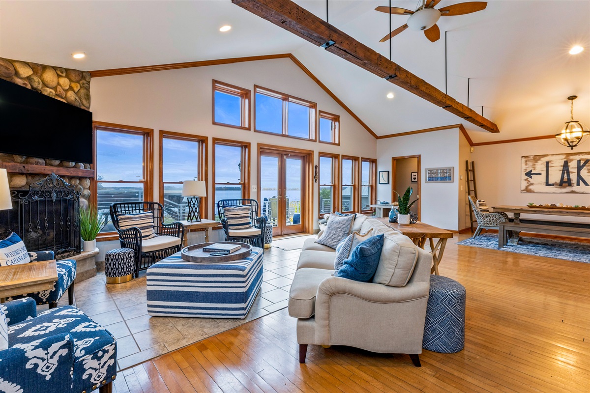 Open concept kitchen dining and living space