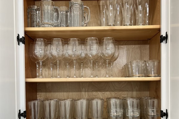 A complete collection of glassware, champagne flutes, cocktail glasses, and coffee mugs for entertaining and relaxing throughout your stay.
