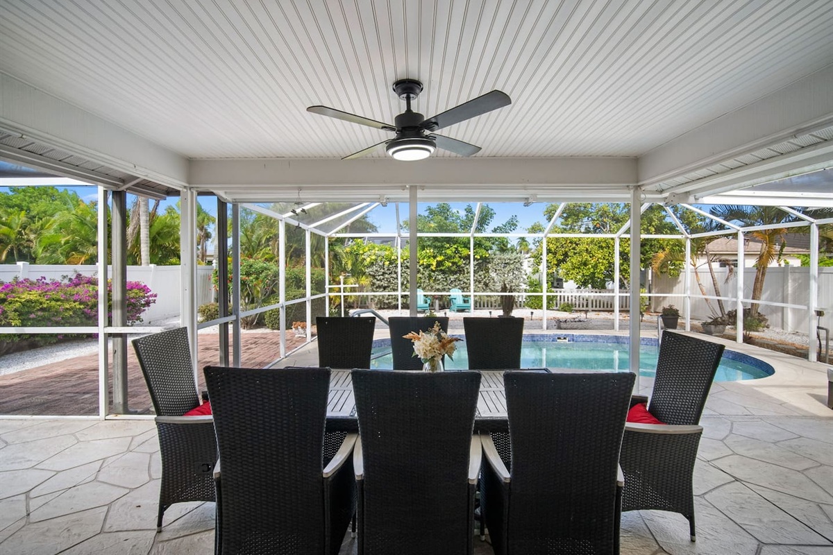 Screened Lanai dining table for 6 and the pool
