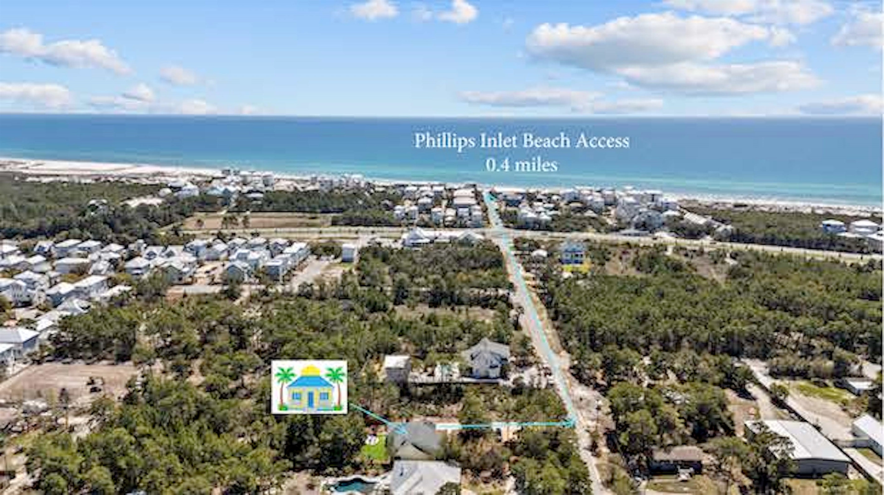 Phillips Inlet-our closest beach access—just a short ride or walk! While Highway 98 can be busy, crossing is easy by bike or with a rented LSV/golf cart. For families with little ones, we high