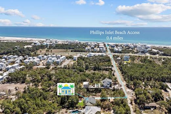 Phillips Inlet-our closest beach access—just a short ride or walk! While Highway 98 can be busy, crossing is easy by bike or with a rented LSV/golf cart. For families with little ones, we high
