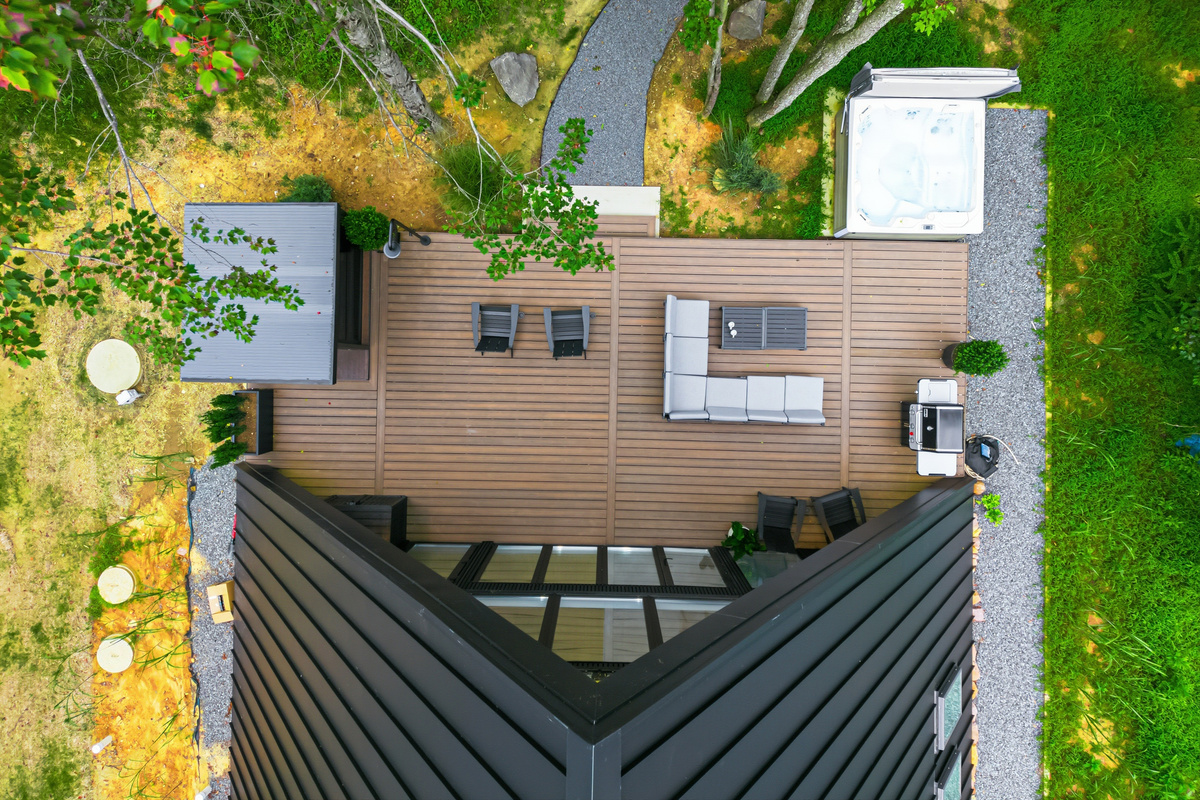 Deck, hot tub, and sauna from overhead