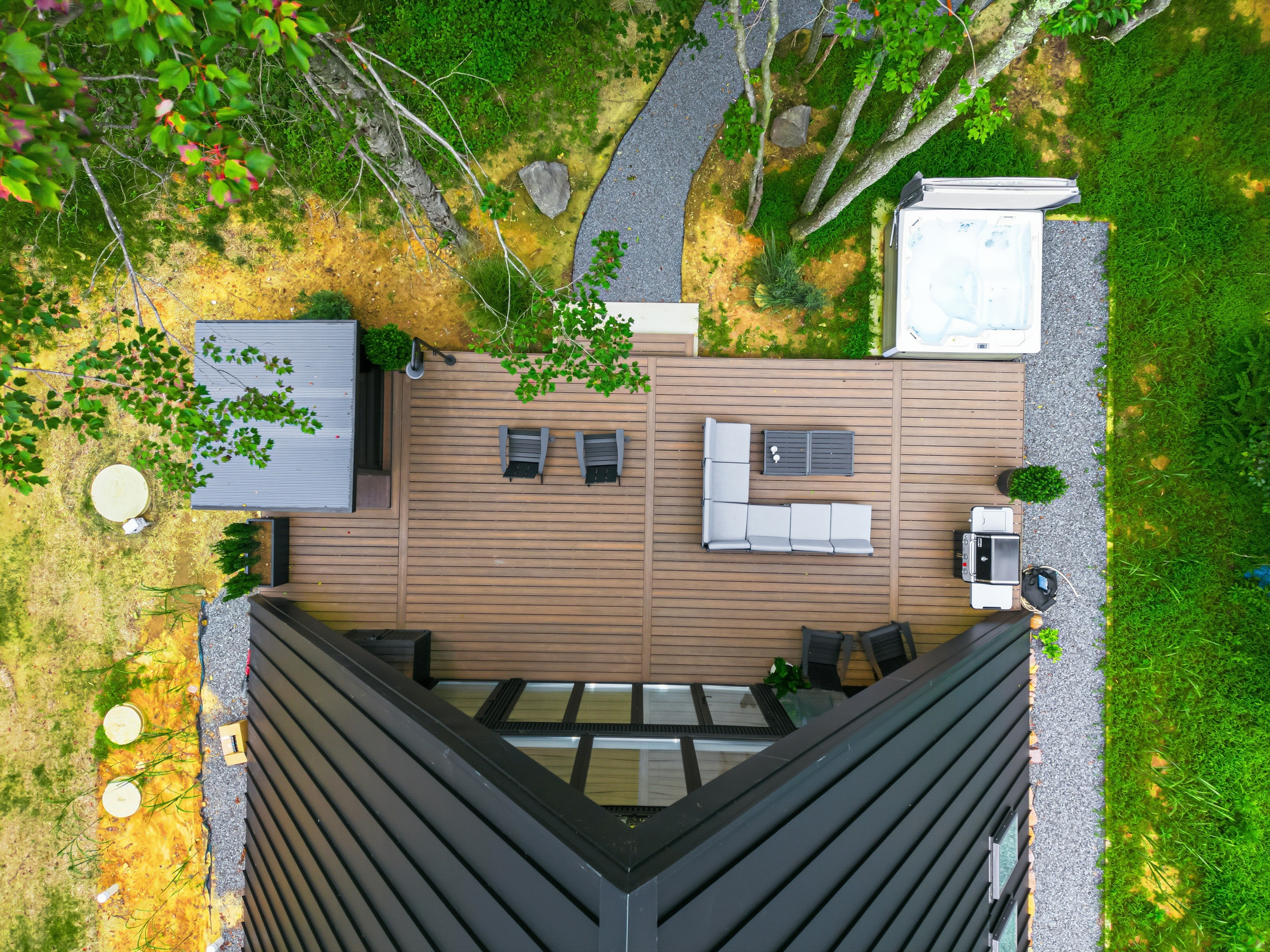 Deck, hot tub, and sauna from overhead