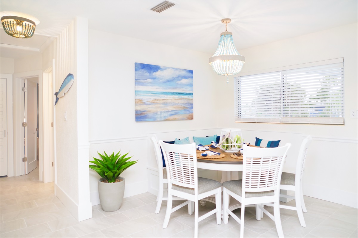 The dining area offers plenty of seating with the built in bench and chairs, easily seats 8.