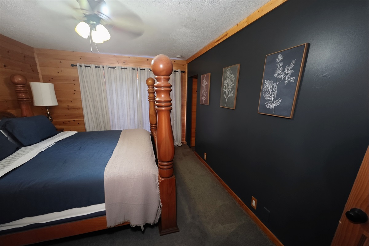 Freshly Painted Master King Bedroom with Ensuite Bathroom and Sliding Doors that lead directly to Hot Tub