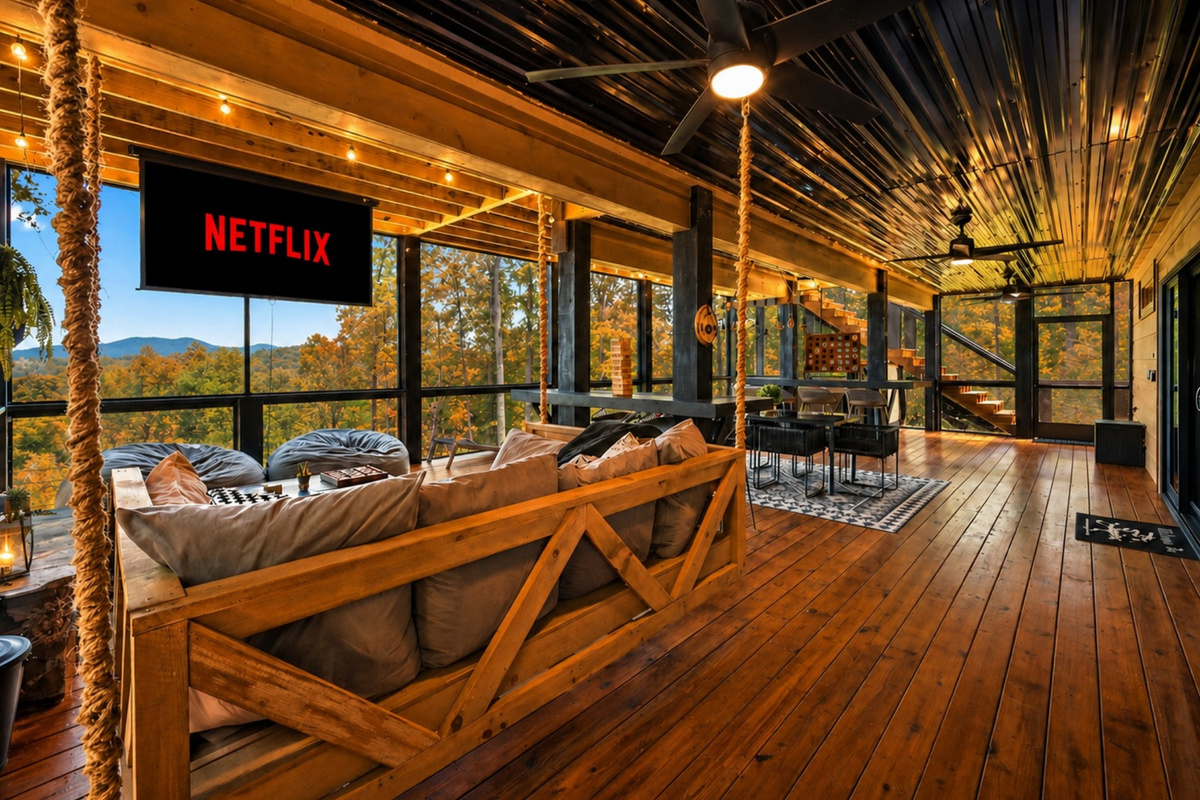 Spend the day on the screened-in porch with queen-size swing bed, movie projector, games, hot tub, fireplace and spectacular views.